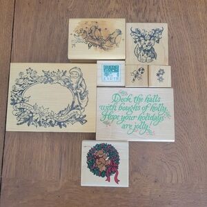 Christmas Holiday Wooden Stamp Set with Festive Designs